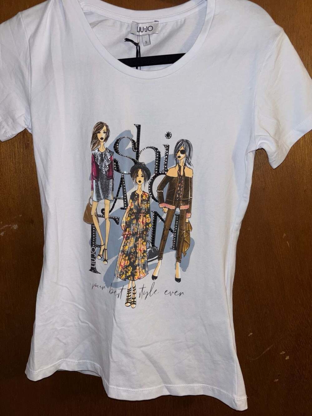LUI JO Logo Rhinestone White T Shirt Top Women Size XS “Your Best Style Ever “